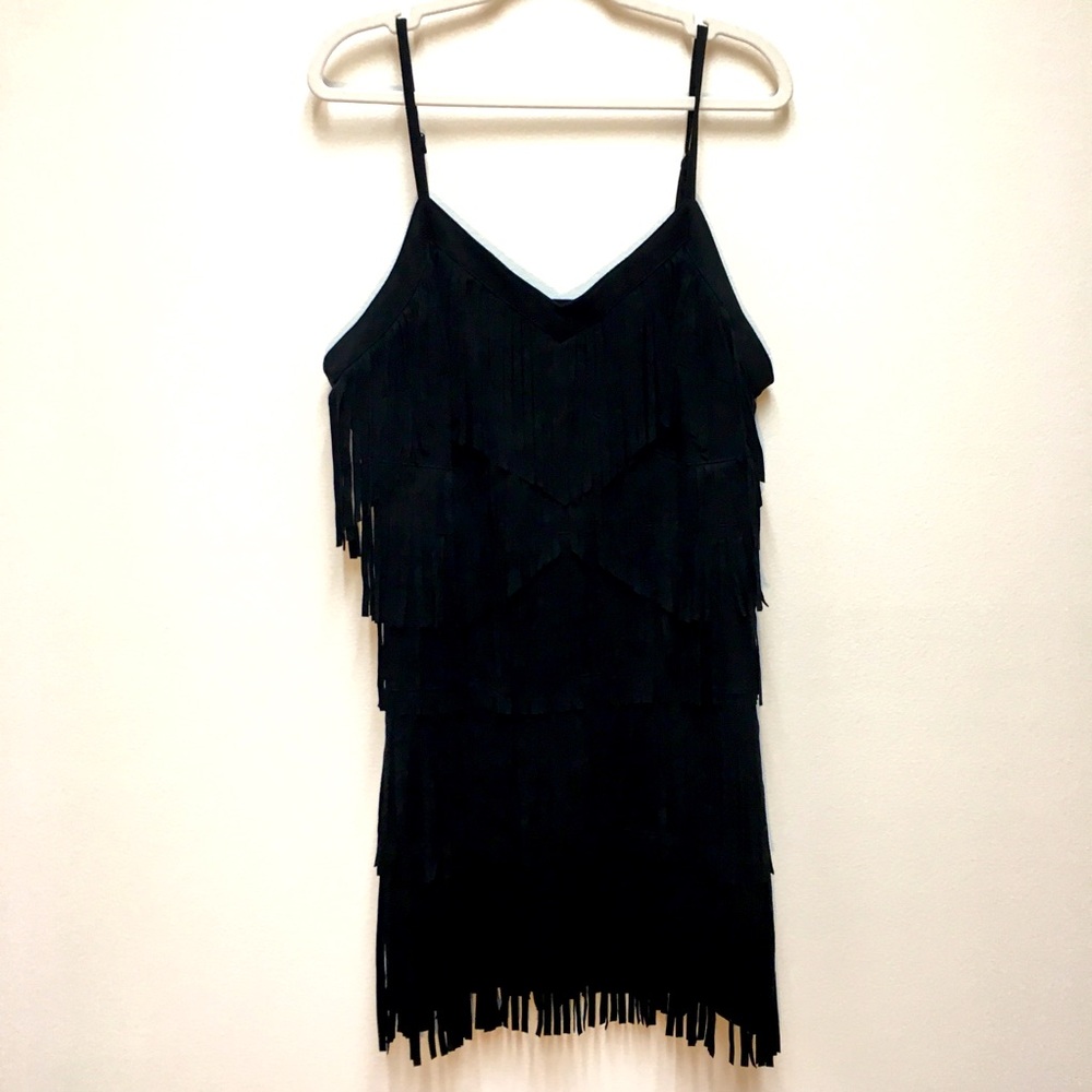 IDYLLWIND Faux Suede Fringe Mini Dress Large Black Festival Western Concerts